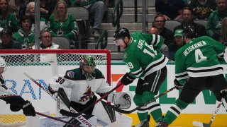 Harri Sateri #30 of the Arizona Coyotes makes a save against Michael Raffl #18 of the Dallas Stars at the American Airlines Center on April 27, 2022 in Dallas, Texas.
