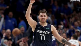Luka Doncic #77 of the Dallas Mavericks celebrates after scoring against the Utah Jazz in the second quarter of Game Five of the Western Conference First Round NBA Playoffs at American Airlines Center on April 25, 2022 in Dallas, Texas.