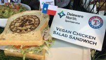 A classic chicken salad sandwich - but with vegan "chicken." Served with Terra Chips and sliced vegan bread. Available at the concession locations at Sections 101 and 205.