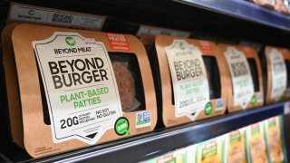 Beyond Meat “Beyond Burger” patties made from plant-based substitutes for meat products sit on a shelf for sale in New York City.