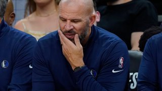 Dallas Mavericks head coach Jason Kidd reacts to a play during the second half of Game 2 of an NBA basketball second-round playoff series against the Phoenix Suns, Wednesday, May 4, 2022, in Phoenix.