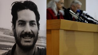 Marc and Debra Tice, the parents of US journalist Austin Tice (portrait L), who was abducted in Syria more than six years ago, give a press conference in the Lebanese capital Beirut on December 4, 2018. - They said they were very encouraged by the level of cooperation of US President Donald Trump's administration and new information about their son's fate. Tice, 37, disappeared in August 2012 near Damascus and his whereabouts remain a mystery. But Trump's special envoy for hostage affairs, Robert O'Brien, said last month there was every reason to believe the journalist was alive and still detained in Syria.