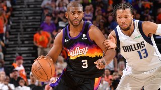 PHOENIX, AZ – MAY 4: Chris Paul #3 of the Phoenix Suns dribbles the ball during Game 2 of the 2022 NBA Playoffs Western Conference Semifinals against the Dallas Mavericks on May 4, 2022 at Footprint Center in Phoenix, Arizona.