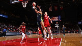 Isabelle Harrison #20 of the Dallas Wings shoots the ball during the game against the Washington Mystics on May 13, 2022 at Entertainment and Sports Arena in Washington, DC.
