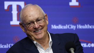 Baseball great and former Texas Rangers pitcher Nolan Ryan speaks during a press conference about a new documentary about his life before the start of the game between the Texas Rangers and the Atlanta Braves at Globe Life Field on May 1, 2022 in Arlington, Texas.