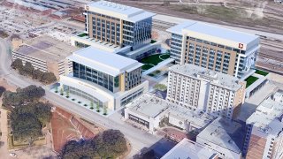 A 3D rendering showing the proposed Law and Education Building (left-front) and a Research and Innovation Center (back-right) to be built in downtown Fort Worth.