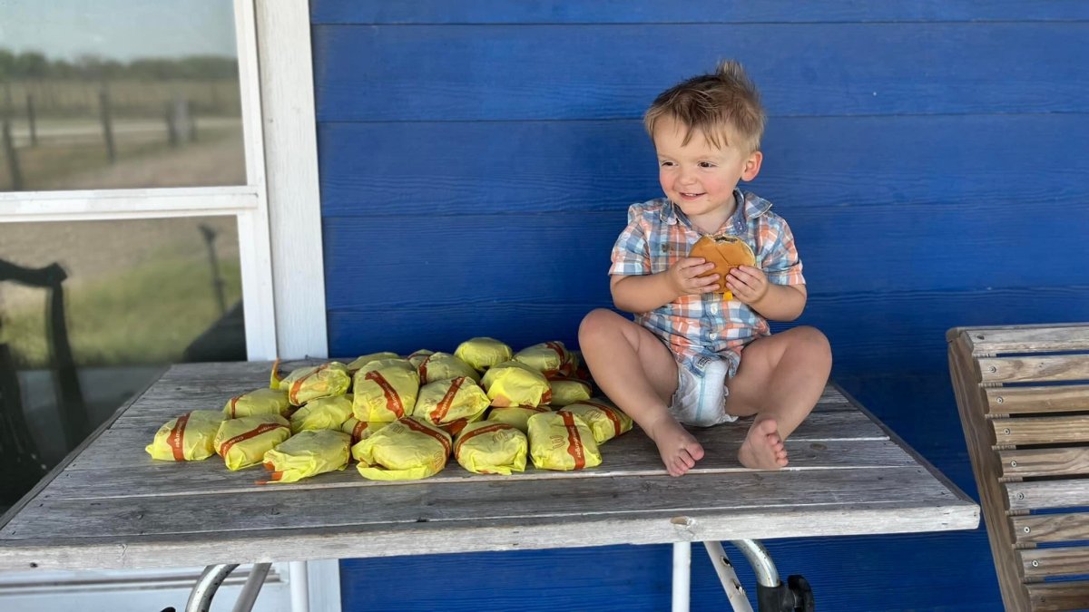 A toddler with 31 cheeseburgers