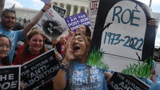 Anti-abortion campaigners celebrate outside the U.S. Supreme Court in Washington, D.C., on June 24, 2022.