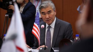 Sung Kim, U.S. Special Envoy for North Korea, speaks during a meeting with his South Korean counterpart Kim Gunn and Japanese counterpart Takehiro Funakoshi at the Foreign Ministry in Seoul, South Korea Friday, June 3, 2022.