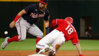 Luis Garcia #2 of the Washington Nationals loses the ball as Mitch Garver #18 of the Texas Rangers slides into second base during the second inning at Globe Life Field on June 24, 2022 in Arlington, Texas.
