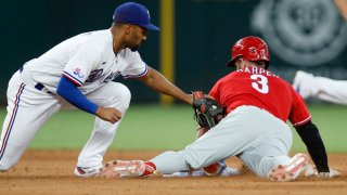 Bryce Harper #3 of the Philadelphia Phillies steals second base as Marcus Semien #2 of the Texas Rangers applies the tag in the sixth inning at Globe Life Field on June 22, 2022 in Arlington, Texas.