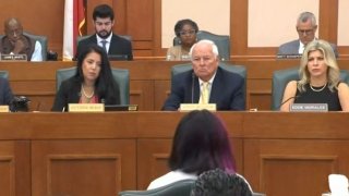 Jazmin Cazares, center, facing the committee, testified in Austin Thursday, June 23, 2022, pleading for gun reform after her sister and cousin were killed in the massacre at Uvalde’s Robb Elementary School.