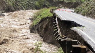 High water levels in the Gardner River alongside the North Entrance Road of Yellowstone National Park on June 13, 2022.