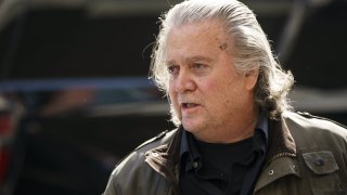 Steve Bannon, former adviser to Donald Trump, speaks to members of the media before entering federal court in Washington, D.C., March 16, 2022. Bannon is facing contempt of Congress charges related to the investigation of the January 6, 2021, siege at the U.S. Capitol.