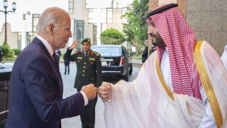 FILE - President Joe Biden fist bumps with Saudi Crown Prince Mohammed bin Salman