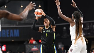 Kayla Thornton #6 of the Dallas Wings looks to pass the ball during the game against the Atlanta Dream on July 30, 2022 at Gateway Center Arena in College Park, Georgia.