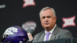 TCU coach Sonny Dykes speaks to reporters at the NCAA college football Big 12 Media Days in Arlington, Texas, Thursday, July 14, 2022. TCU is set to kick off its season on Sept. 2, 2022, against Colorado.