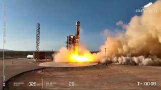 A Blue Origin rocket lifts off over Van Horn, Texas, on Aug. 4, 2022.