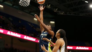 Teaira McCowan #7 of the Dallas Wings shoots the ball during the game against the Las Vegas Aces on August 4, 2022 at the College Park Center in Arlington, Texas.