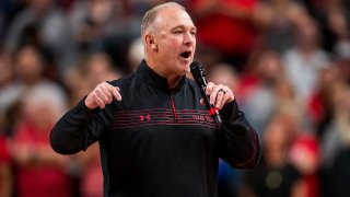 LUBBOCK, TEXAS – NOVEMBER 09: New football head coach Joey McGuire of the Texas Tech Red Raiders addresses the crowd during halftime of the college basketball game against the North Florida Ospreys at United Supermarkets Arena on November 09, 2021 in Lubbock, Texas.