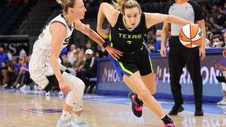 Marina Mabrey #3 of the Dallas Wings drives to the basket against Courtney Vandersloot #22 of the Chicago Sky during the first half at Wintrust Arena on August 02, 2022 in Chicago, Illinois.