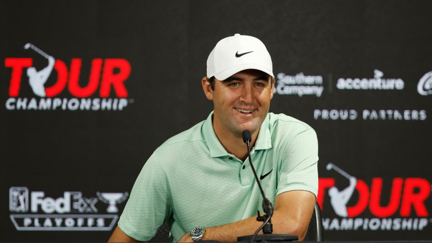 Scottie Scheffler of the United States speaks during a press conference prior to the TOUR Championship at East Lake Golf Club on August 24, 2022 in Atlanta, Georgia.