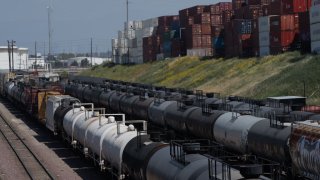 Tank cars filled with oil are seen in storage at the BNSF Railway Company’s Watson Yard in Wilmington, California, U.S. on Tuesday, April 21, 2020.