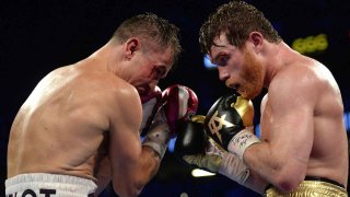 Sep 15, 2018; Las Vegas, NV, USA; Canelo Alvarez (black trunks) and Gennady Golovkin (white trunks) box in the middleweight world championship boxing match at T-Mobile Arena. Alvarez won via majority decision. Mandatory Credit: Joe Camporeale-USA TODAY Sports