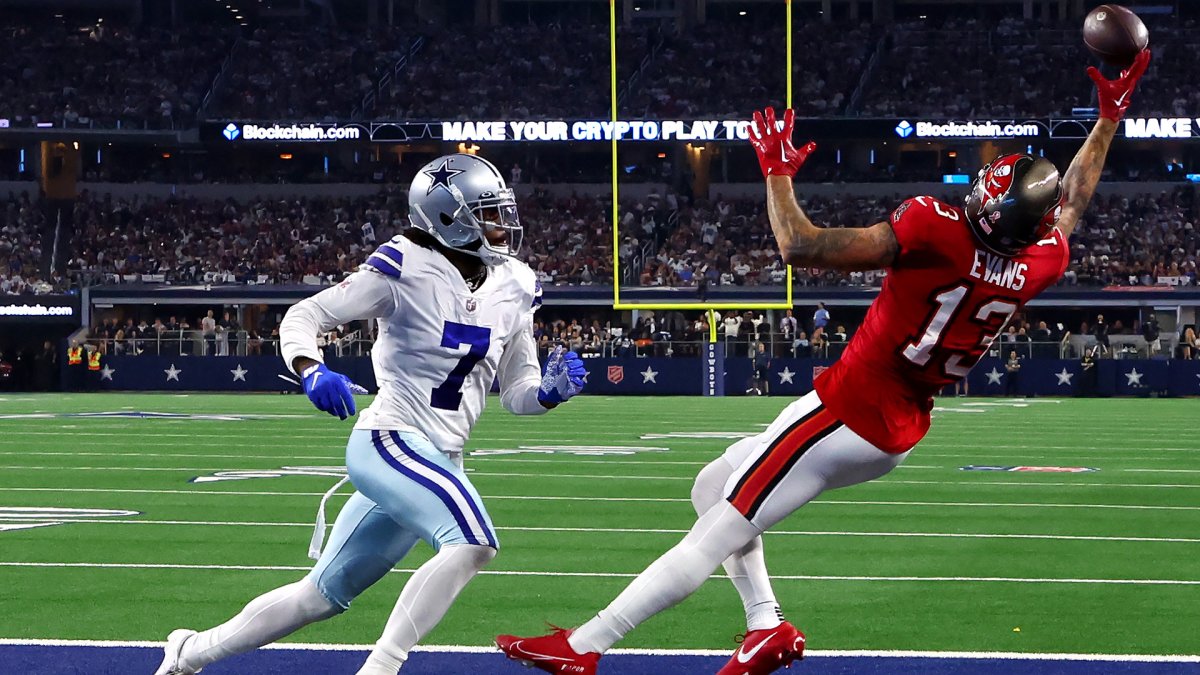 No. 7 to No. 7! Dallas Cowboys cornerback Trevon Diggs nabs interception  off Tampa Bay Buccaneers running back Leonard Fournette's deflected drop