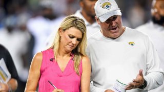 NBC Sports NFL sideline reporter Melissa Start interviews Kansas