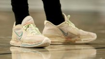 Oct 19, 2022; Brooklyn, New York, USA; Sneakers worn by Brooklyn Nets guard Kyrie Irving (11) during the second quarter against the New Orleans Pelicans at Barclays Center. Mandatory Credit: Brad Penner-USA TODAY Sports