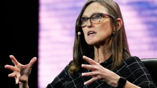 Cathie Wood, chief executive officer and chief investment officer, Ark Invest, gestures as she speaks during the Bitcoin 2022 Conference at Miami Beach Convention Center on April 7, 2022 in Miami, Florida.