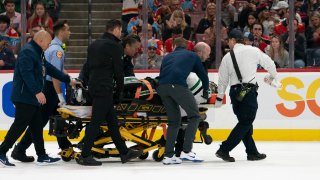 Scott Wedgewood #41 of the Dallas Stars taking off the ice on a stretcher during the game between the Florida Panthers and the Dallas Stars at FLA Live Arena in Sunrise, FL on November 17, 2022.