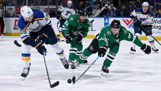Esa Lindell #23 of the Dallas Stars defends against Colton Parayko #55 of the St. Louis Blues at the Enterprise Center on November 28, 2022 in St. Louis, Missouri.