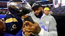 INGLEWOOD, CALIFORNIA - FEBRUARY 13: Odell Beckham Jr. #3 of the Los Angeles Rams celebrates after Super Bowl LVI at SoFi Stadium on February 13, 2022 in Inglewood, California. The Los Angeles Rams defeated the Cincinnati Bengals 23-20. (Photo by Kevin C. Cox/Getty Images)