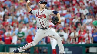 Jake Odorizzi #12 of the Atlanta Braves throws a pitch against the Philadelphia Phillies during the fourth inning in game three of the National League Division Series at Citizens Bank Park on October 14, 2022 in Philadelphia, Pennsylvania.