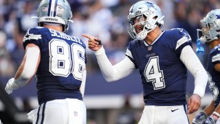 ARLINGTON, TX – OCTOBER 30: Dak Prescott #4 of the Dallas Cowboys celebrates against the Chicago Bears at AT&T Stadium on October 30, 2022 in Arlington, Texas.