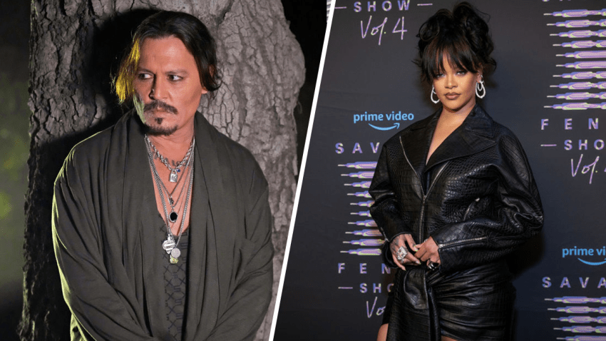 Johnny Depp (Left), and Rihanna (Right) at Rihanna's Savage X Fenty Show Vol. 4 presented by Prime Video at Allied Studios on November 08, 2022 in Simi Valley, California
