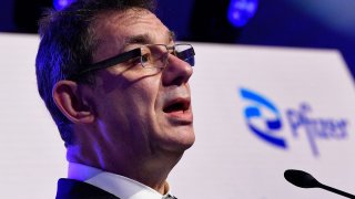 Pfizer CEO Albert Bourla talks during a press conference with European Commission President after a visit to oversee the production of the Pfizer-BioNtech Covid-19 vaccine at the factory of US pharmaceutical company Pfizer, in Puurs, on April 23, 2021.