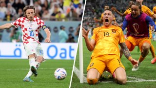 Luka Modric of Croatia scores the team's third penalty in the penalty shoot out during the FIFA World Cup Qatar 2022 quarter final match between Croatia and Brazil at Education City Stadium, left; at right, Wout Weghorst of Netherlands celebrates after scoring the team's second goal during the quarter final match between Netherlands and Argentina, Dec. 9, 2022.