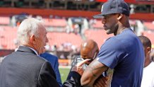 07 September 2008 -Jerry Jones of the Dallas Cowboys talks with LaBron James of the Cleveland Cavs during the Cowboys 28-10 win over the Cleveland Browns at Cleveland Browns Stadium in Cleveland, Ohio.