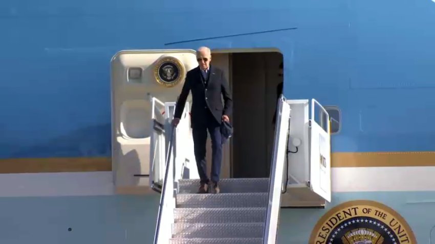 President Joe Biden lands at Moffett Federal Airfield in Santa Clara County.