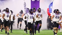 Shadrach Banks #19 of the TCU Horned Frogs runs out to the field before the College Football Playoff National Championship game against the Georgia Bulldogs held at SoFi Stadium on January 9, 2023 in Inglewood, California.