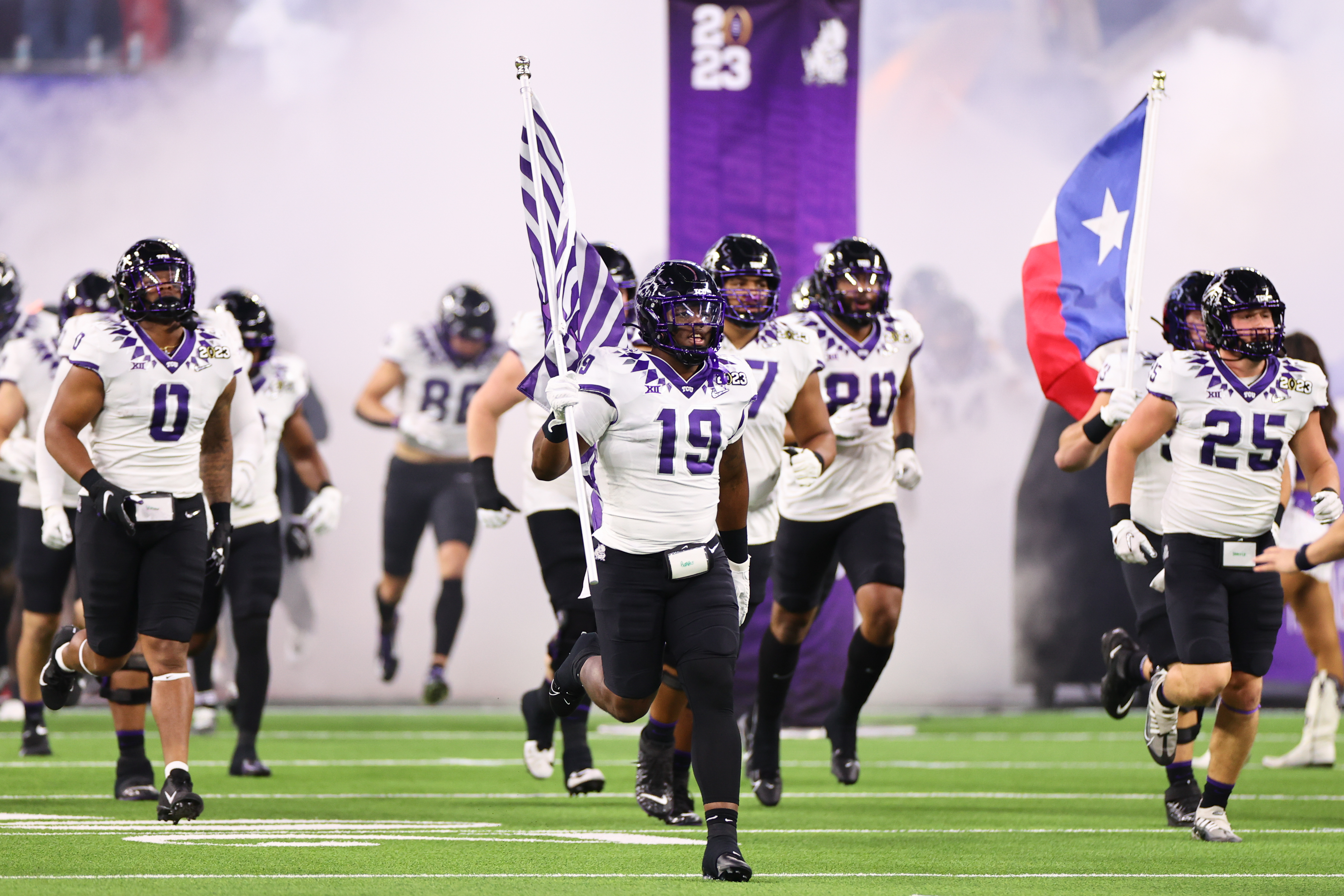 Shadrach Banks #19 of the TCU Horned Frogs runs out to the field before the College Football Playoff National Championship game against the Georgia Bulldogs held at SoFi Stadium on January 9, 2023 in Inglewood, California.