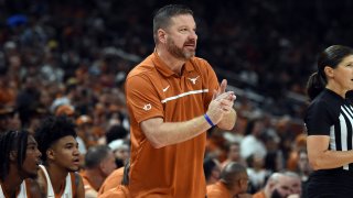 AUSTIN, TX – DECEMBER 10: Texas Longhorns head coach Chris Beard cheers during game featuring the Texas Longhorns against the Arkansas – Pine Bluff Golden Lions on December 10, 2022 at the Moody Center in Austin, TX.