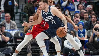 Luka Doncic #77 of the Dallas Mavericks goes to the basket during the game on Febuary 2, 2023 at the American Airlines Center in Dallas, Texas.