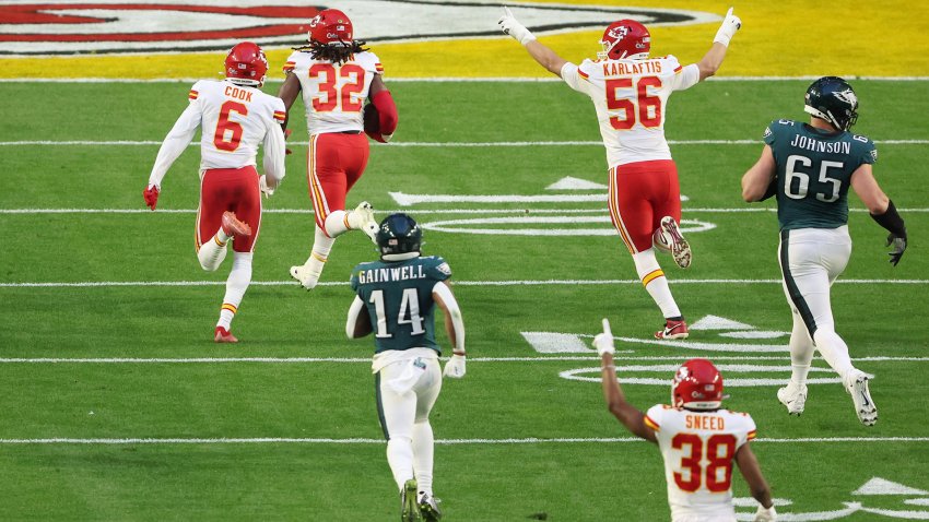 Nick Bolton #32 of the Kansas City Chiefs recovers a rumble and runs it back for a 36  yard touchdown during the second quarter against the Philadelphia Eagles in Super Bowl LVII at State Farm Stadium on February 12, 2023 in Glendale, Arizona.