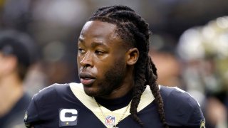 New Orleans Saints running back Alvin Kamara warms up for the team’s NFL football game against the Las Vegas Raiders, Oct. 30, 2022, in New Orleans.