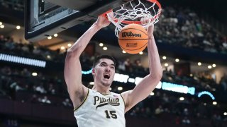 Zach Edey of the Purdue Boilermakers dunks against the Fairleigh Dickinson Knights during the first half in the first round of the NCAA Men’s Basketball Tournament at Nationwide Arena on March 17, 2023 in Columbus, Ohio.