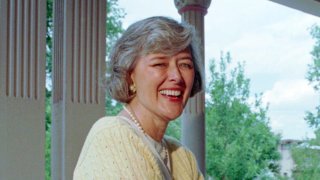 Rep. Pat Schroeder, D-Colo., sits on the porch outside her Capitol Hill headquarters in Denver, July 18, 1994. Schroeder, a pioneer for women’s and family rights in Congress, has died at the age of 82.